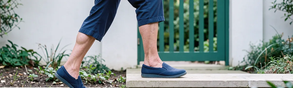 A mature woman in everyday clothes steps onto a low garden step, with her calf visible below cropped trousers.