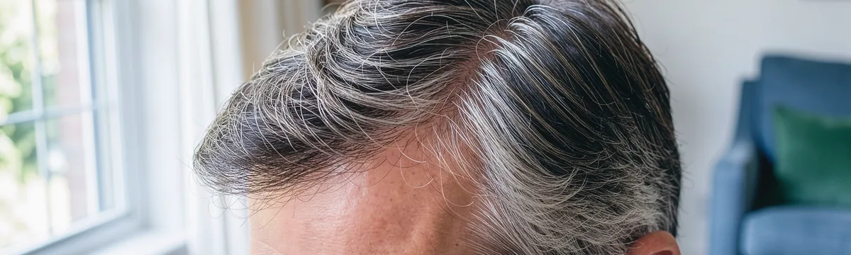 Close side view of ordinary salt-and-pepper hair meeting the scalp at a natural part.