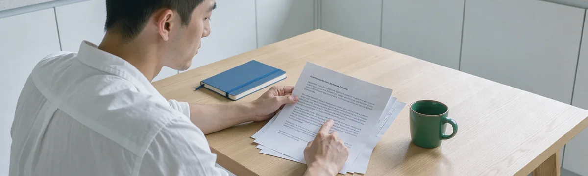 A reader at a home table follows a passage on an open research printout with a fingertip.