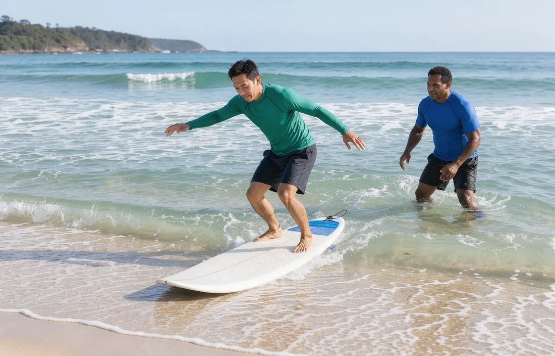A beginner stands up on a soft surfboard in small waves at an Australian beach, an instructor watching from the shallows.