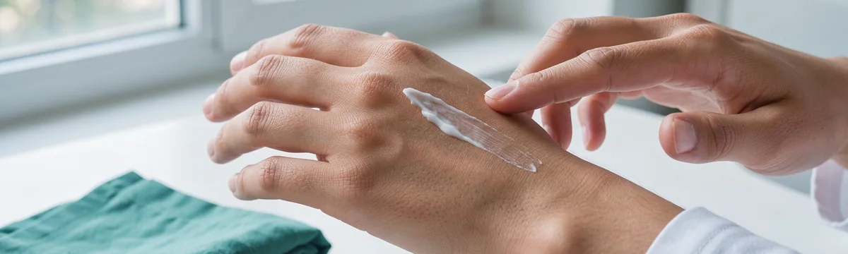Fingertips spread a small trace of cream across the back of a hand in soft window light.