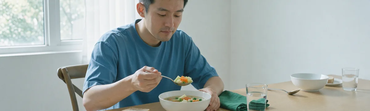An adult at a home dining table lifts a spoonful from a bowl of soup.