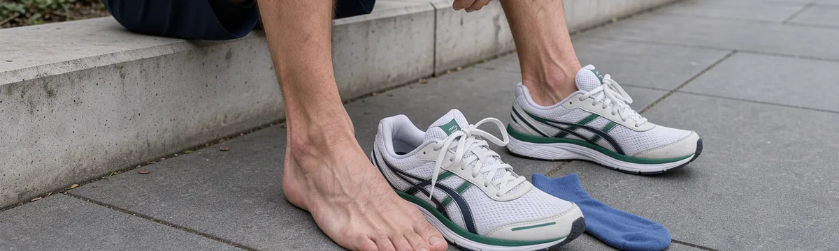 A seated runner’s relaxed ankle and Achilles tendon beside a plain trainer on an outdoor step.